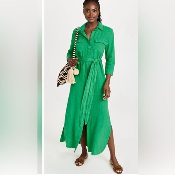 L'agence Cameron Long Shirt Dress Women's Pop Green Linen Size Small